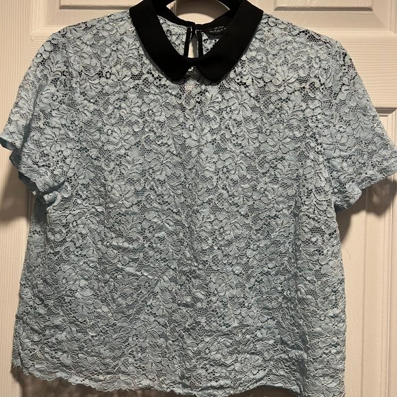 Zara  Blue Lace Top Black Peter Pan Collar Sz XL - Picture 1 of 4